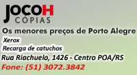 Cópias, impressões, encadernações, plastificações, digitalizações, carimbos, cartões, banners e panfletos. Jocoh  Cópias - Rua Riachuelo, 1426 - Fone: (51) 3072-3842